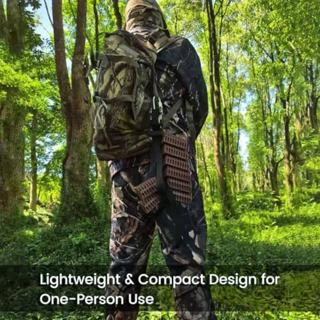 Brown hunting stand platform and step brackets attached to a tree trunk with strap