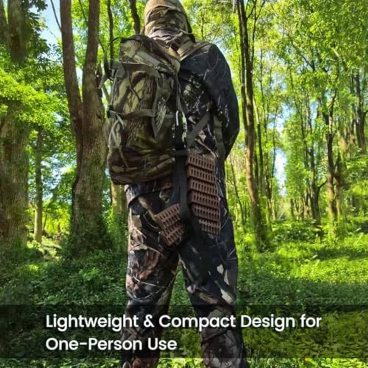 Brown hunting stand platform and step brackets attached to a tree trunk with strap