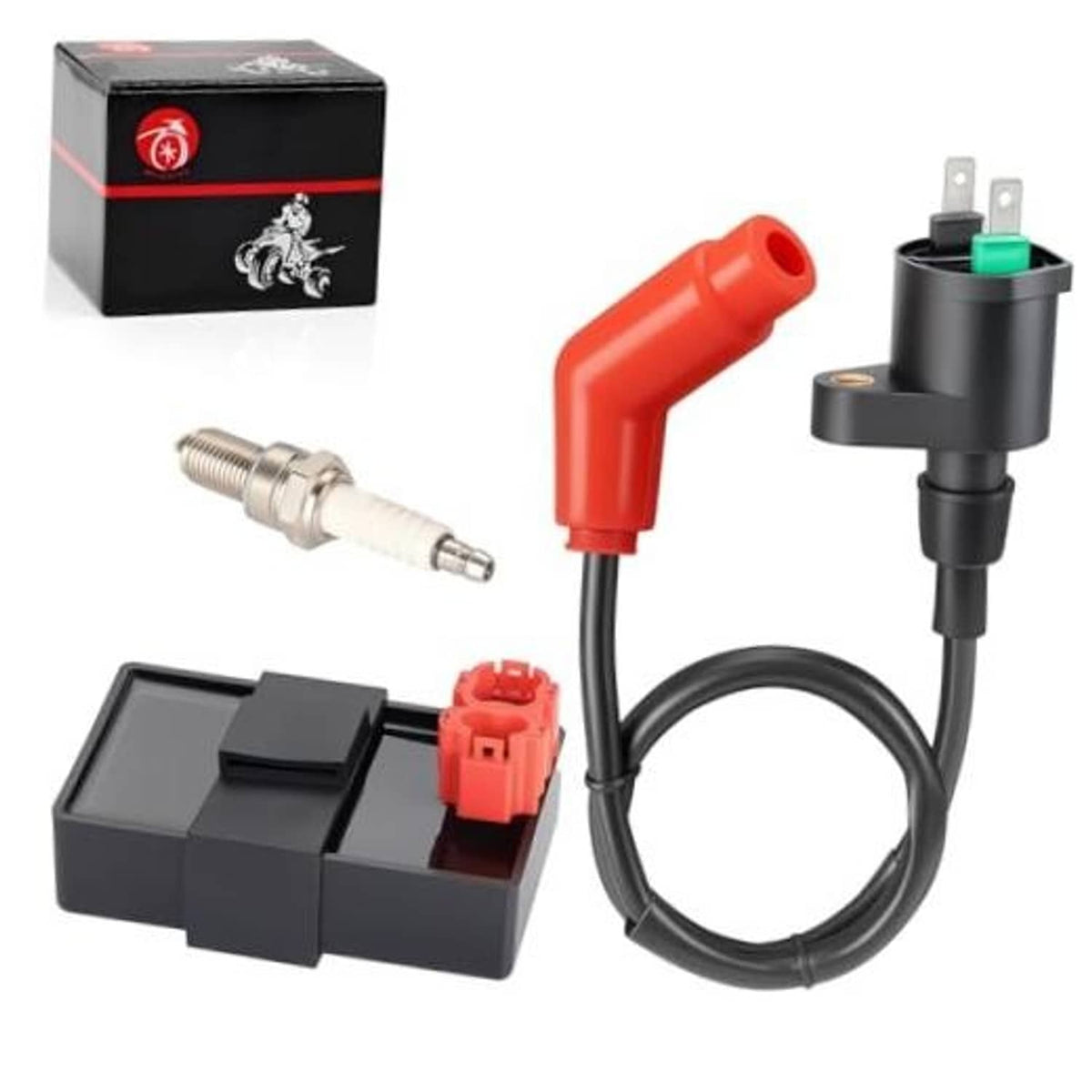 Ignition coil and CDI box wiring kit with red lead, black cable, and spark plug