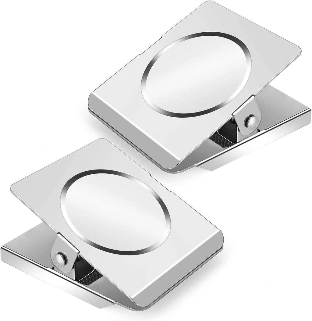 Two silver magnetic clips showing large circular magnet pads and side mounting holes