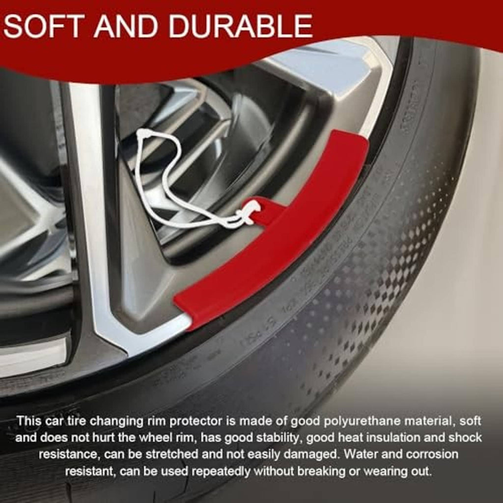 Red rim protector installed on wheel rim edge with white rope tie