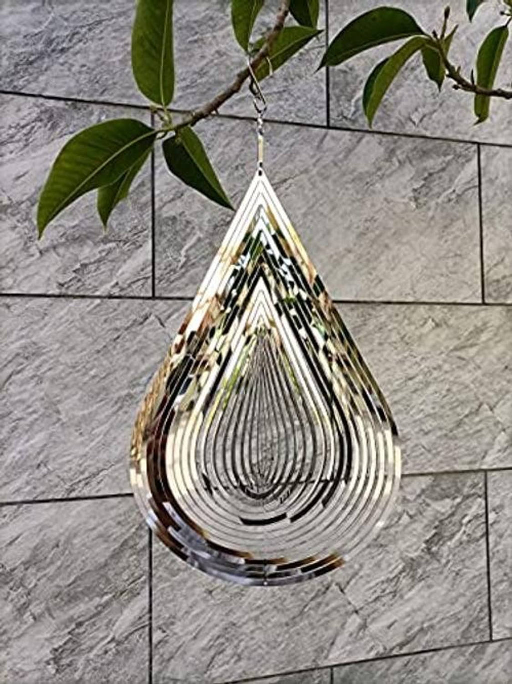 Hanging teardrop wind spinner with silver slats and dark outer spiral accents