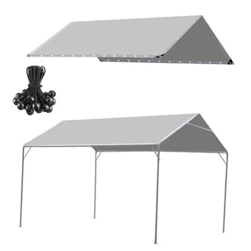 Grey carport canopy cover tarp with peak panel and included corner hardware set.