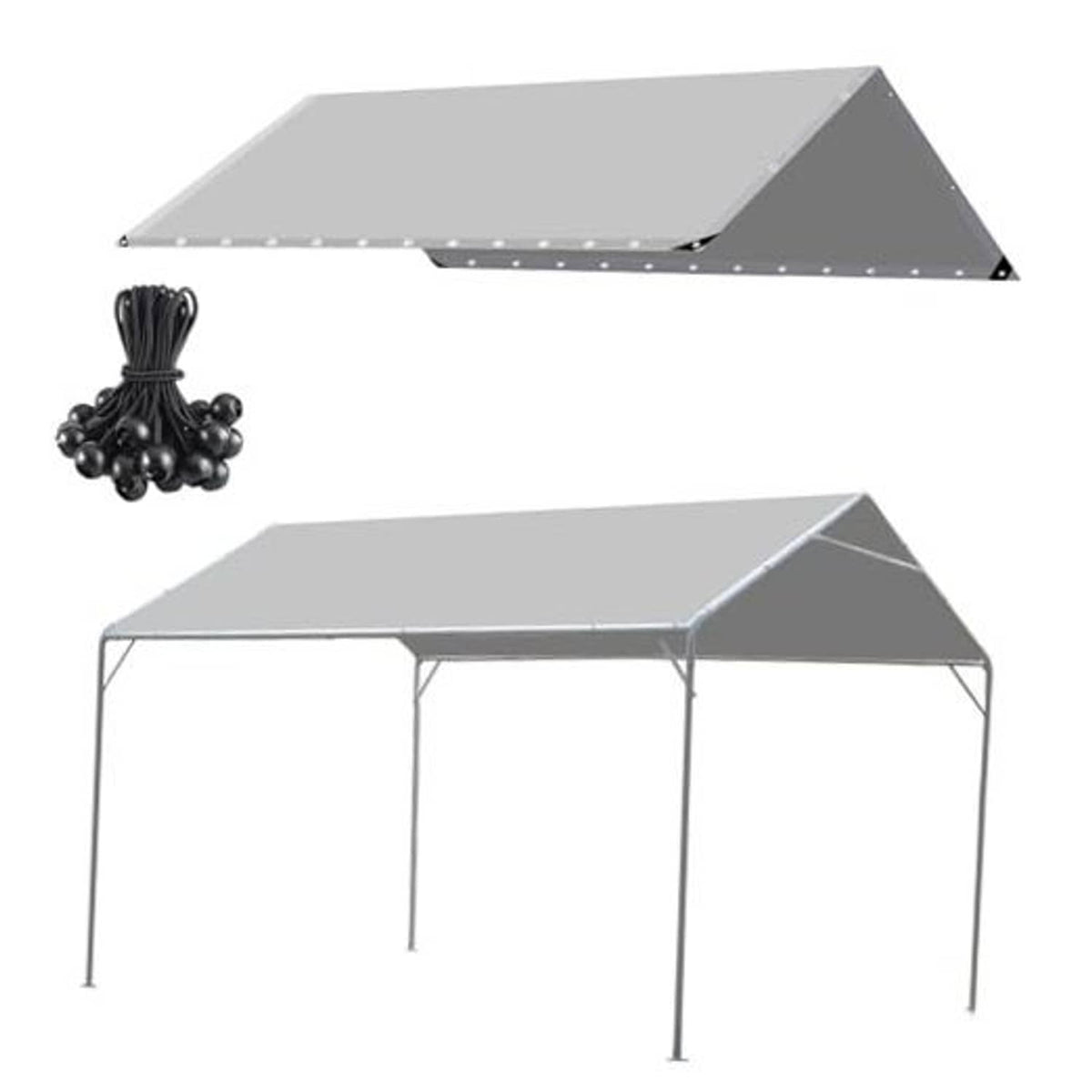 Grey carport canopy cover tarp with peak panel and included corner hardware set.