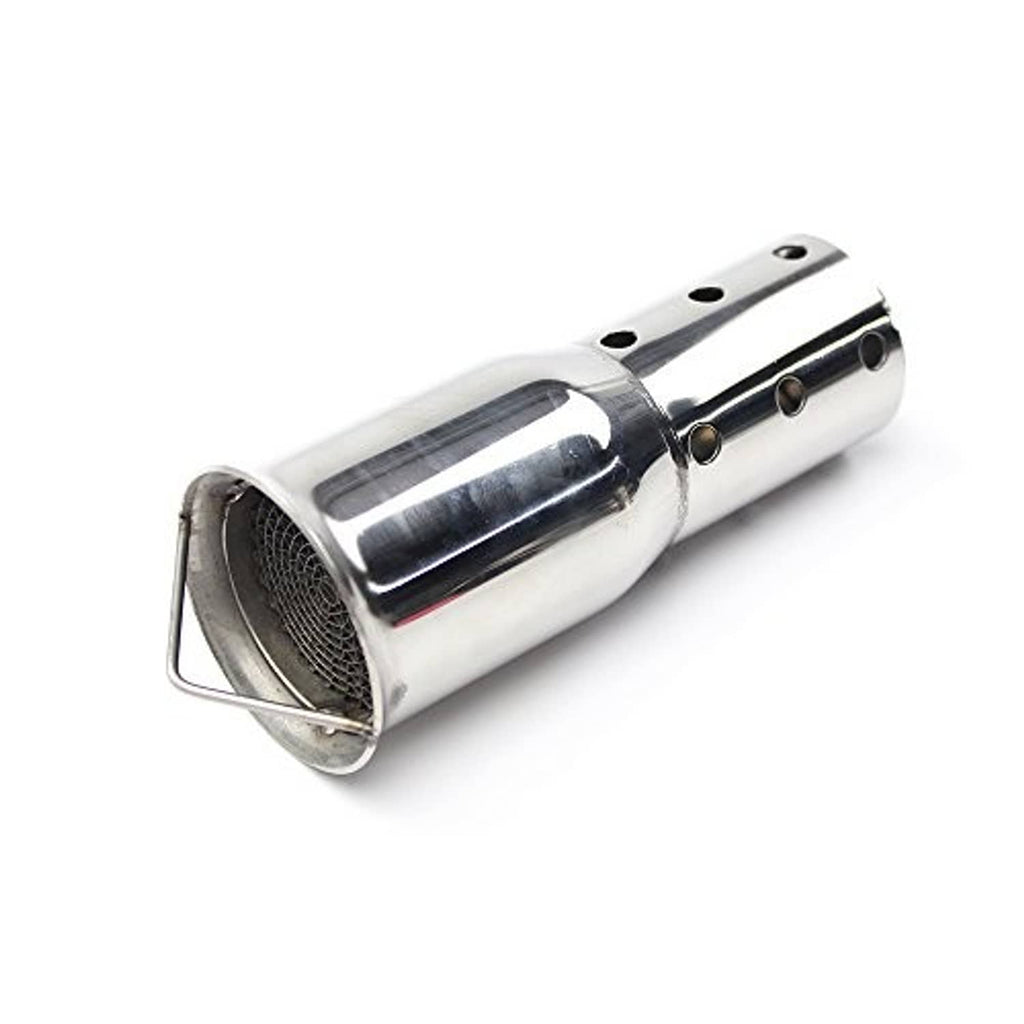 Stainless steel exhaust silencer with mesh inlet and perforated side holes, round muffler