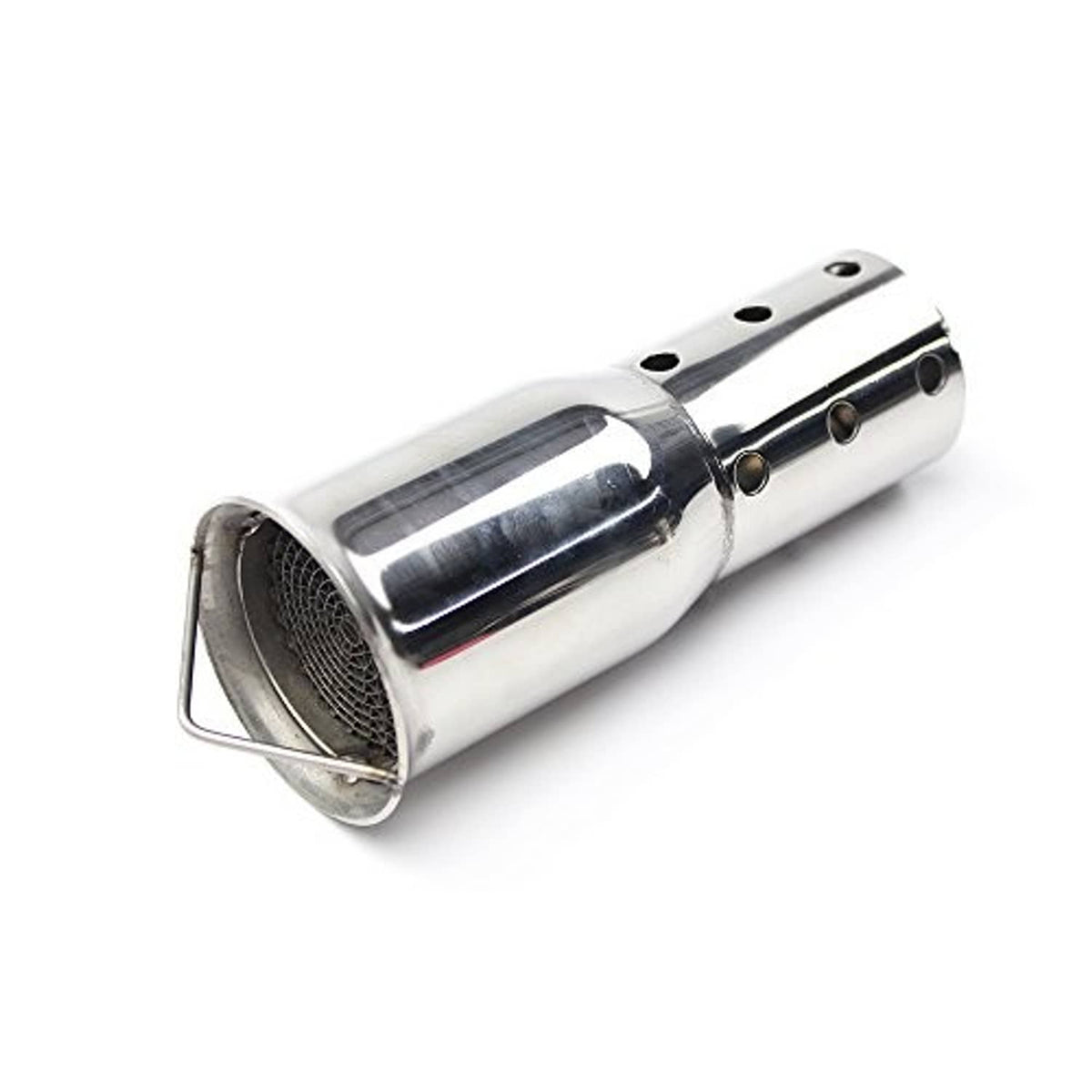 Stainless steel exhaust silencer with mesh inlet and perforated side holes, round muffler