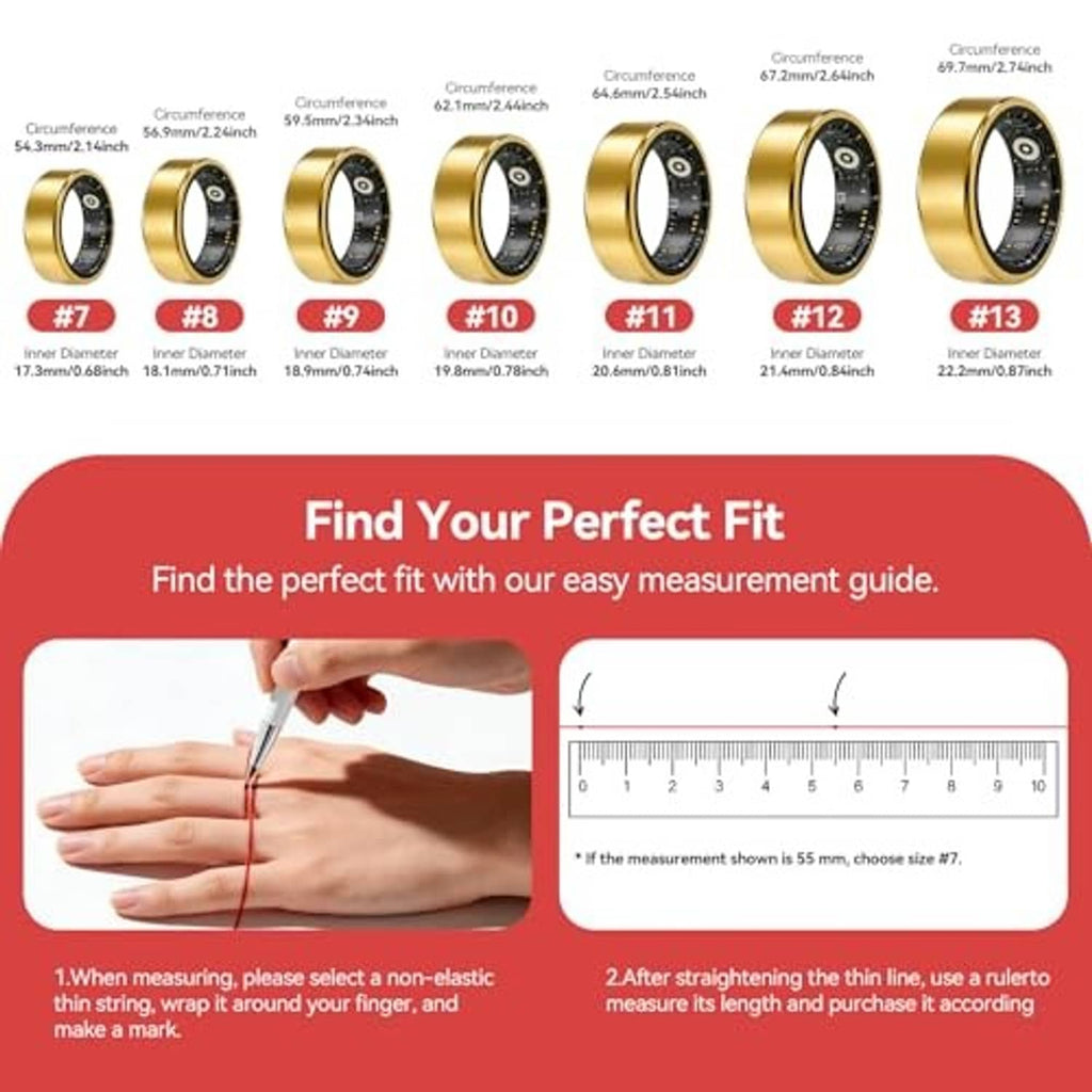 Gold smart ring size chart showing multiple ring sizes and measurement guide