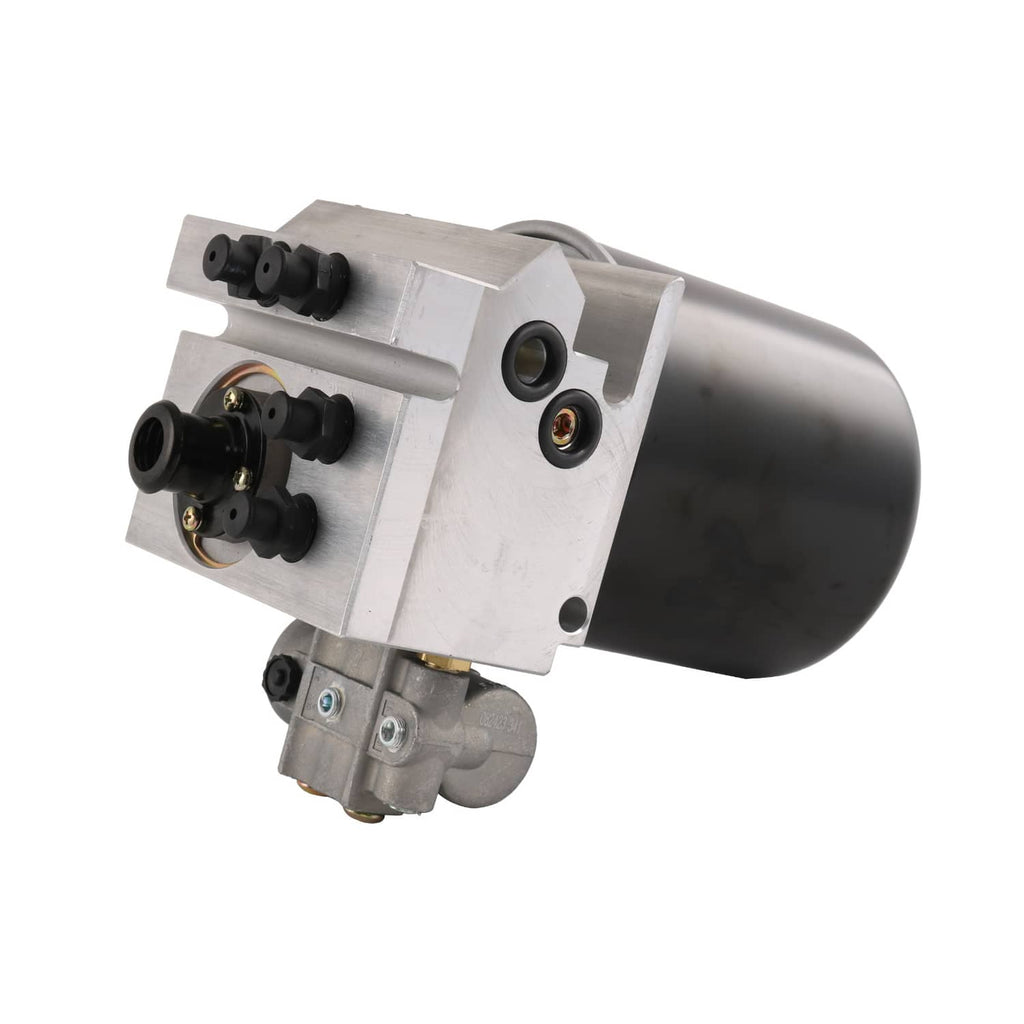 Air dryer with black reservoir, silver control block, and multiple hose ports on side