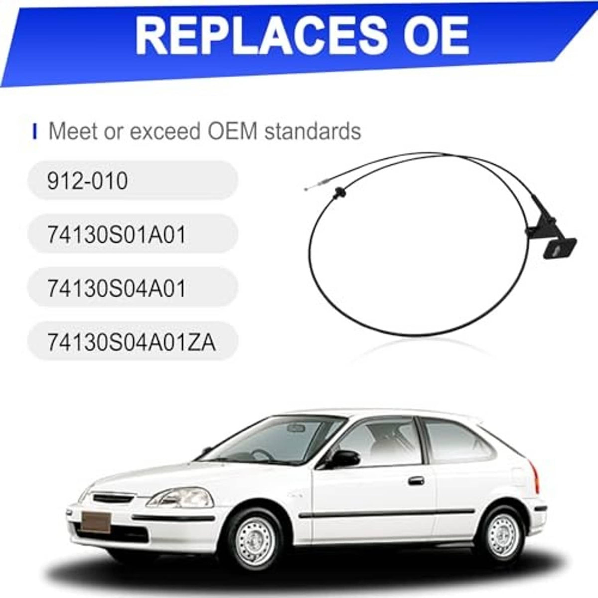 Hood release cable with black mounting bracket and cable loop, with vehicle shown