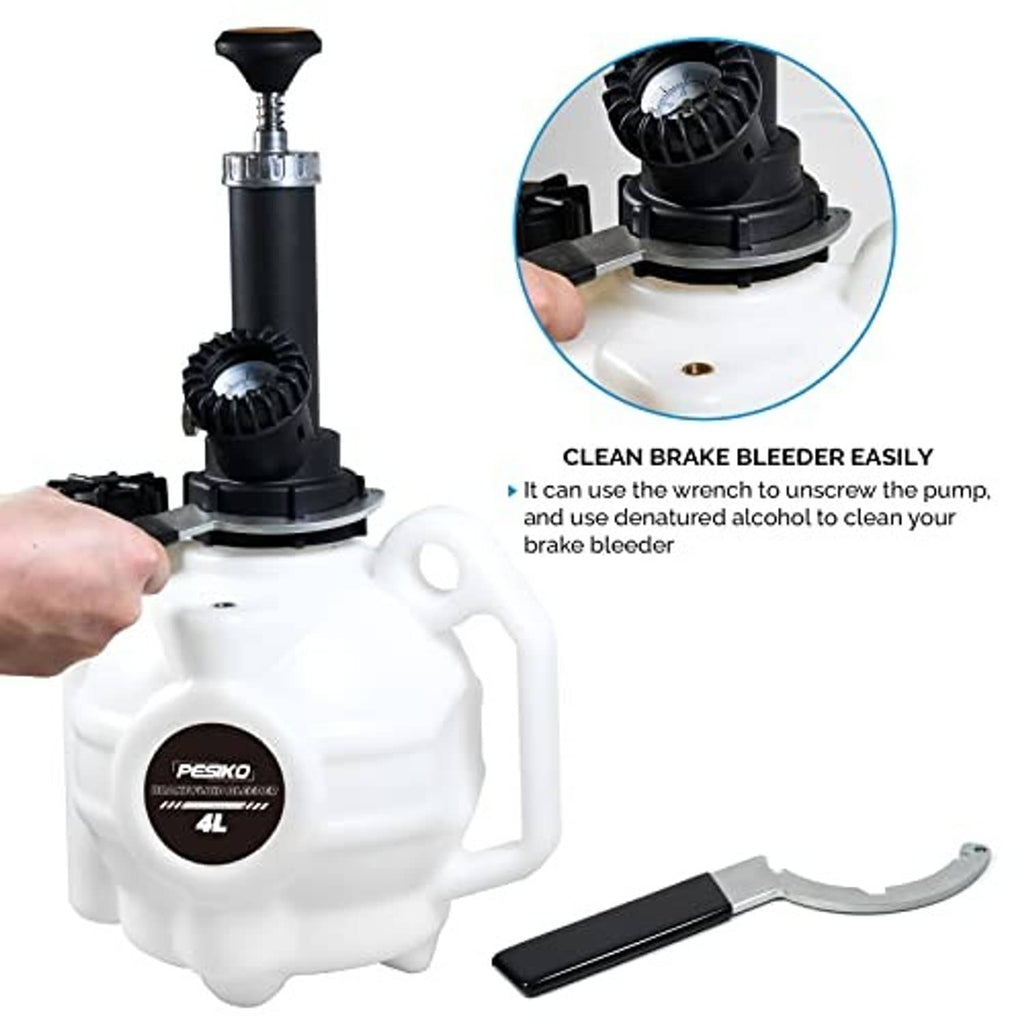 Brake bleeder kit with black pump head and white reservoir, hand operating the unit