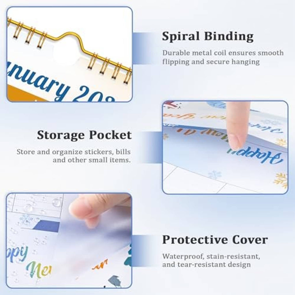 Wall calendar feature chart: spiral binding, storage pocket, and protective cover