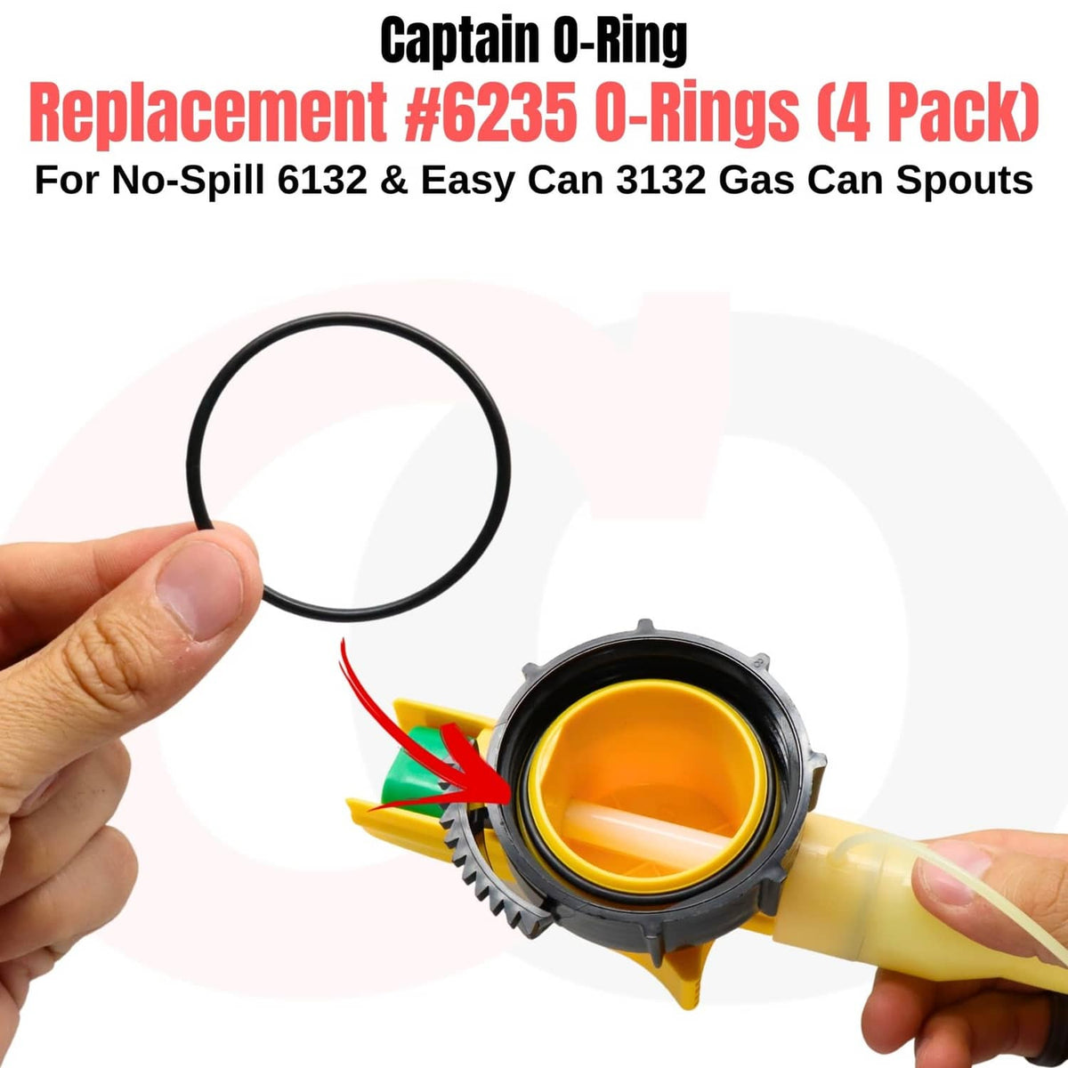 Single black 6235 replacement O-ring held near yellow nozzle head