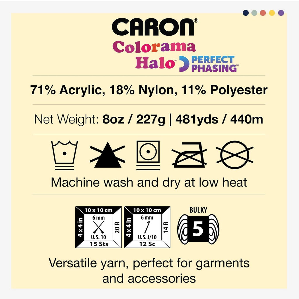 Bulky yarn product label with fiber blend, weight, and low-heat care icons
