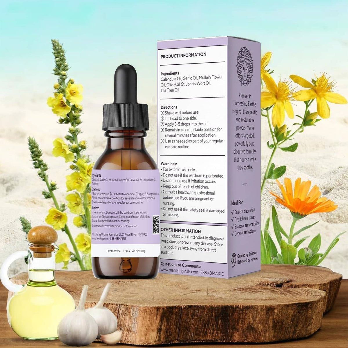 Mullein garlic ear oil drops: amber dropper bottle with box and herbs with flowers