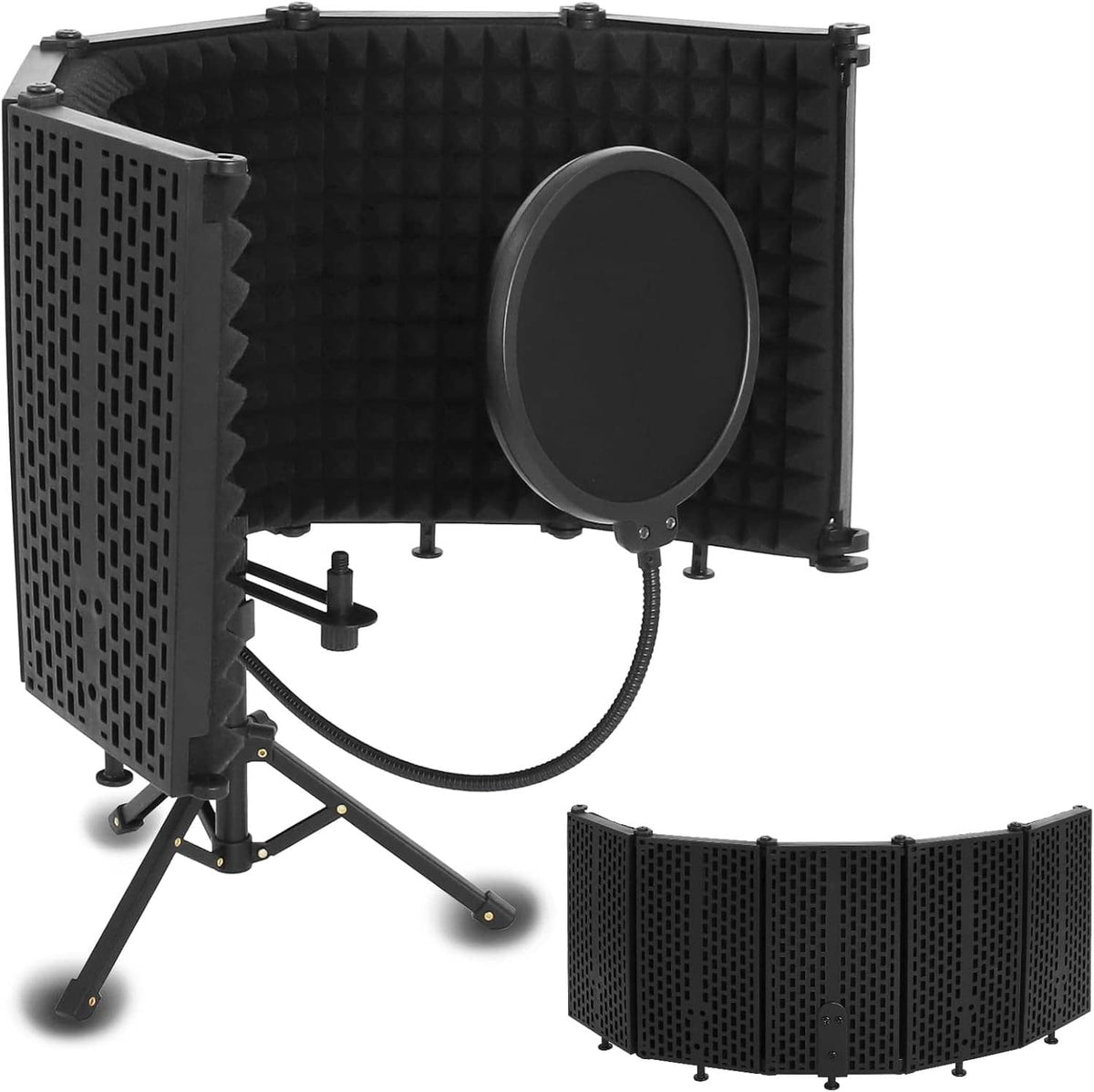 Black microphone isolation reflection shield with adjustable circular pop filter and stand