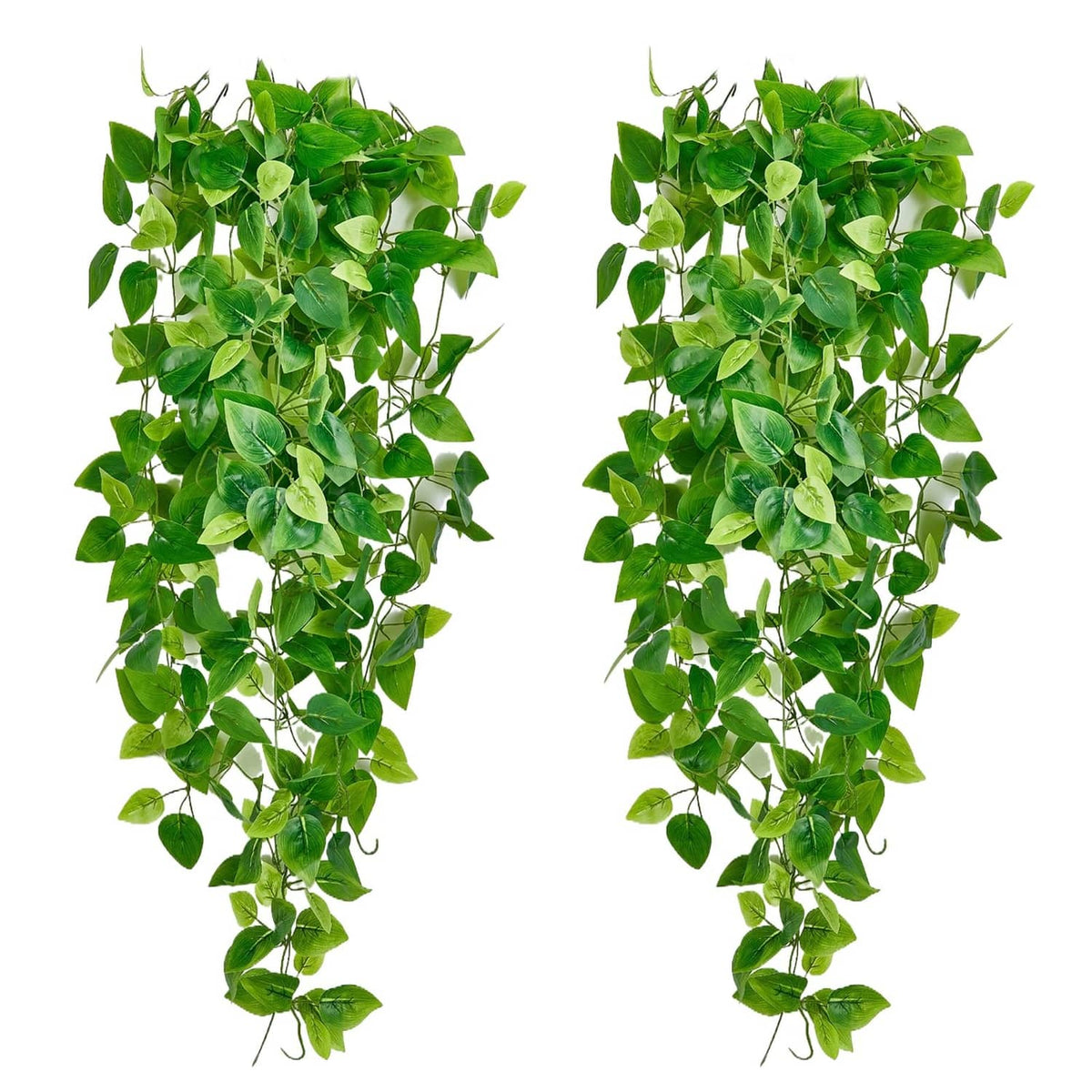 Artificial hanging vine plants with lush green leaves, 2 strands with trailing ends