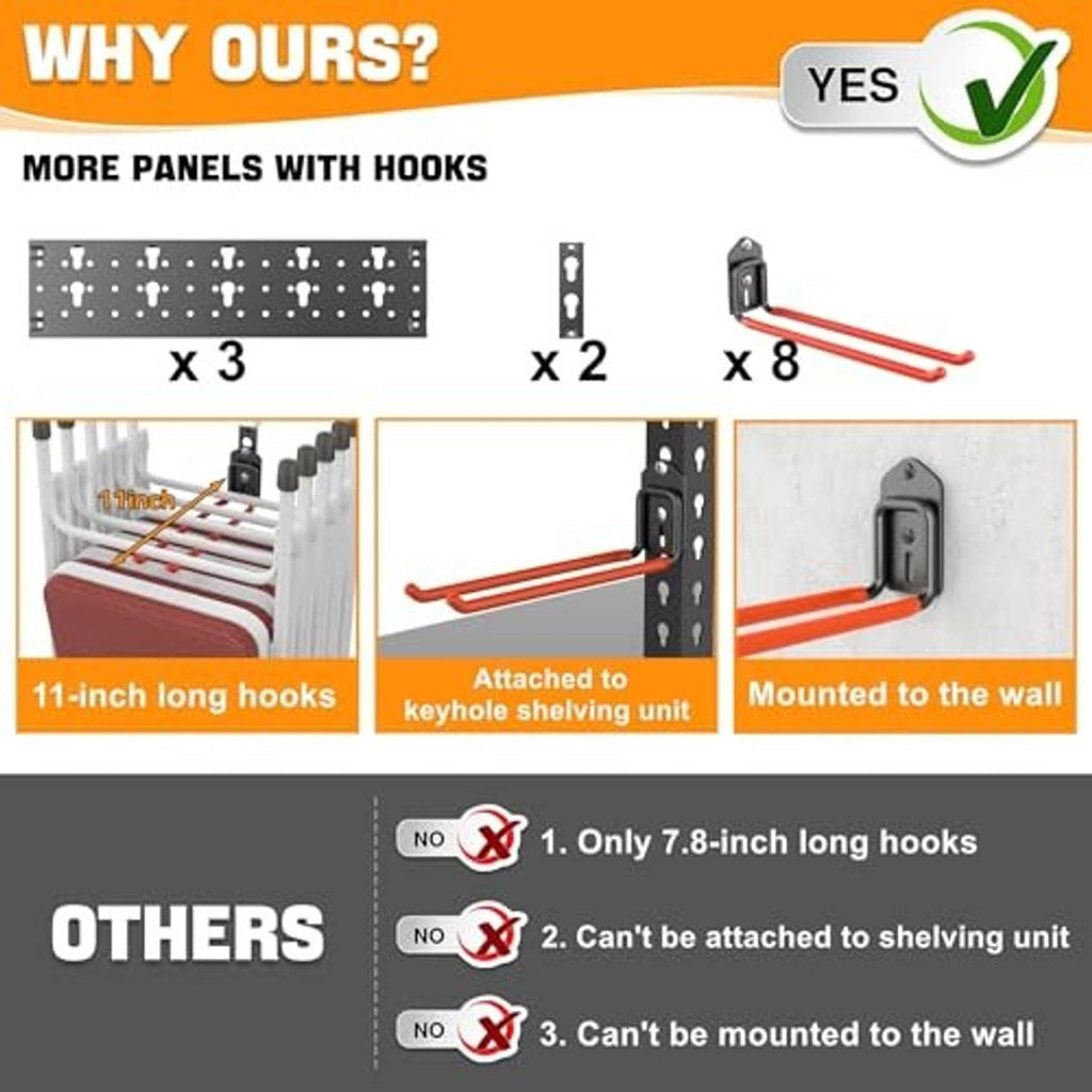 Tool organizer kit with three wall panels, red hook bars, and mounting hardware