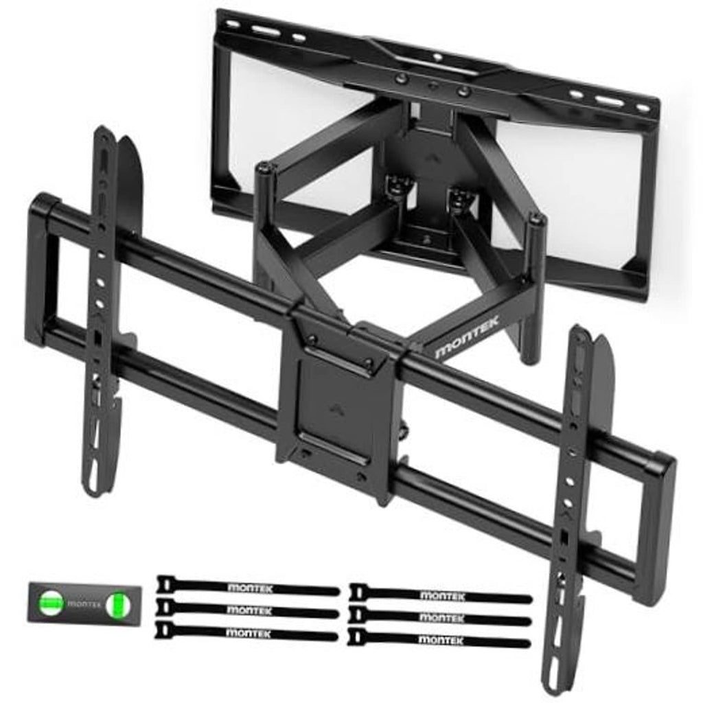 Heavy-duty black full-motion TV wall mount with extendable arms and mounting brackets