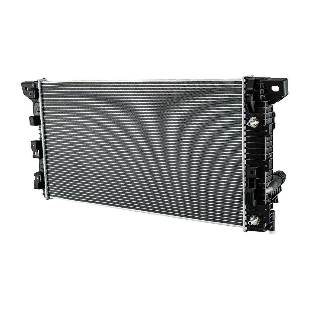 Automotive radiator with silver cooling fins and black plastic end tanks and brackets