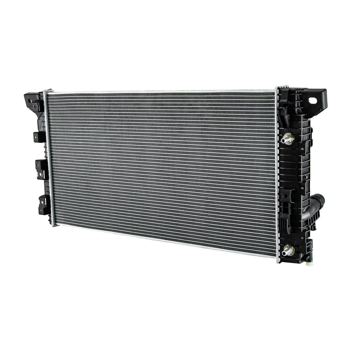Automotive radiator with silver cooling fins and black plastic end tanks and brackets
