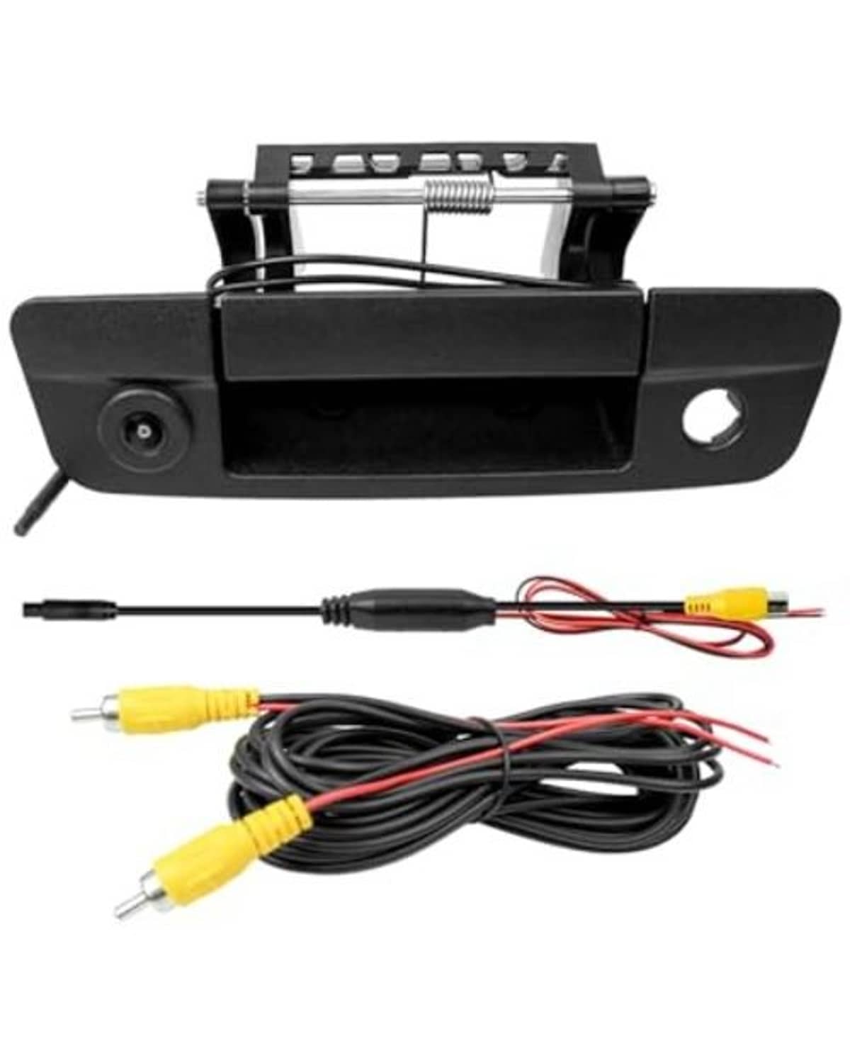Tailgate handle backup camera kit with black housing, mounting bracket, and cable bundle