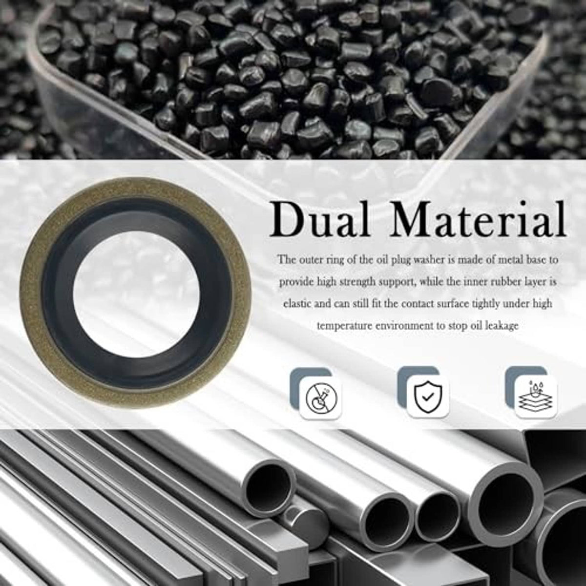 Dual-material oil drain plug gasket, metal outer ring with rubber sealing layer