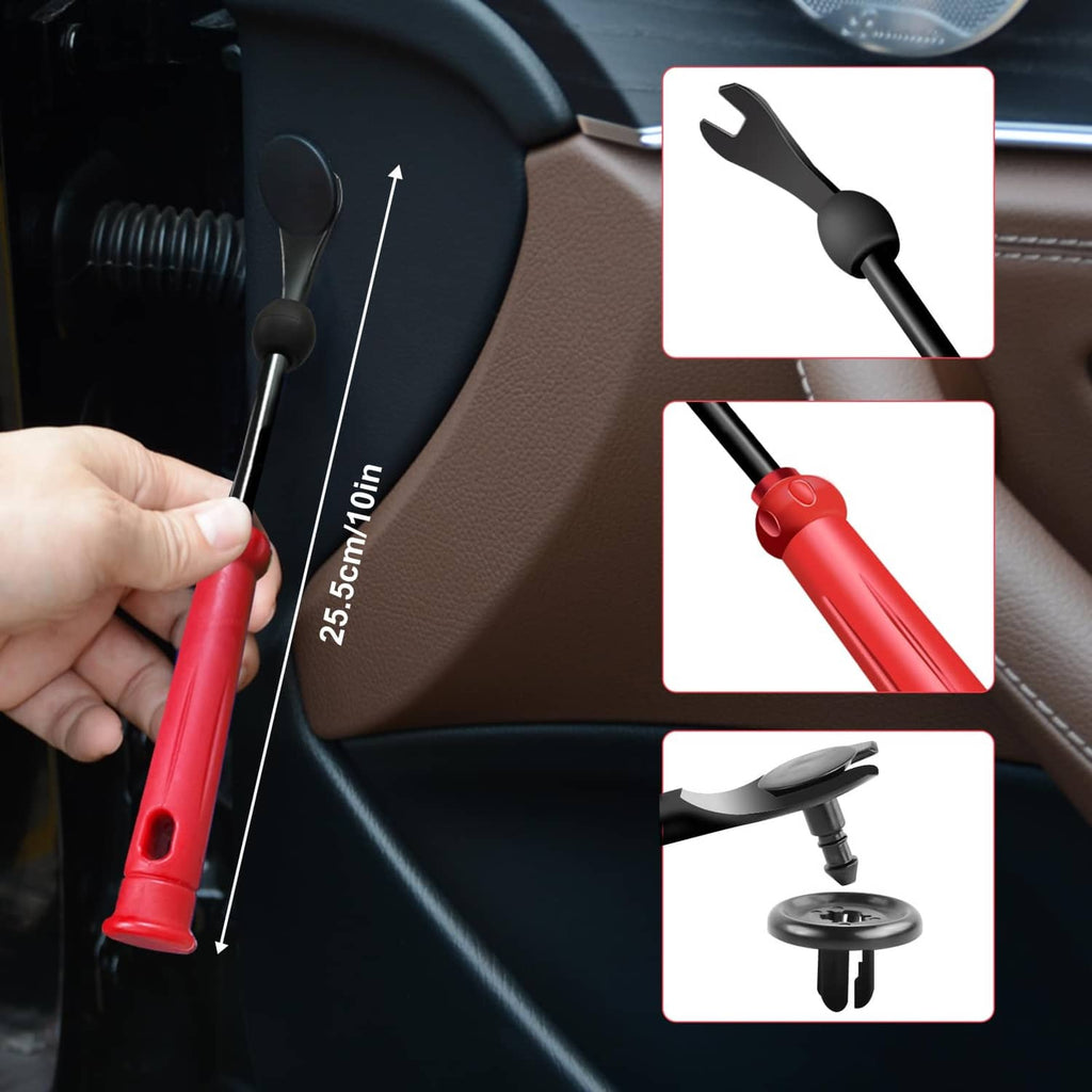 Red clip removal pliers with black tip, shown with 25.5cm length marking