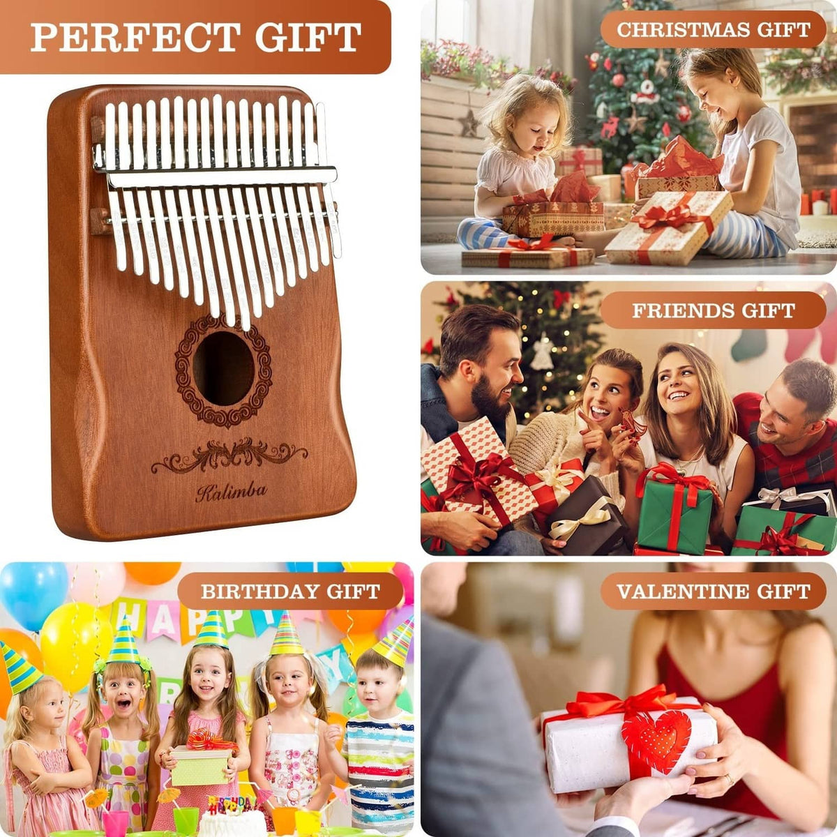 Brown 17-key kalimba thumb piano with circular sound hole, shown in gift set collage
