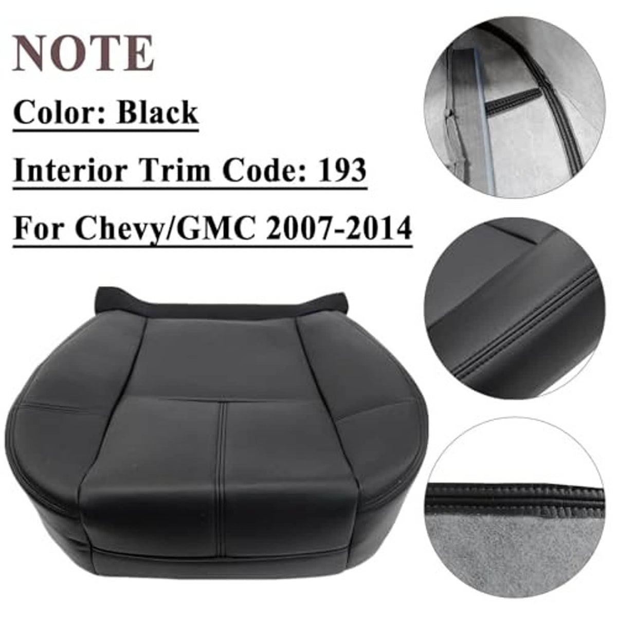 Black leather front seat bottom replacement cover with curved top edge
