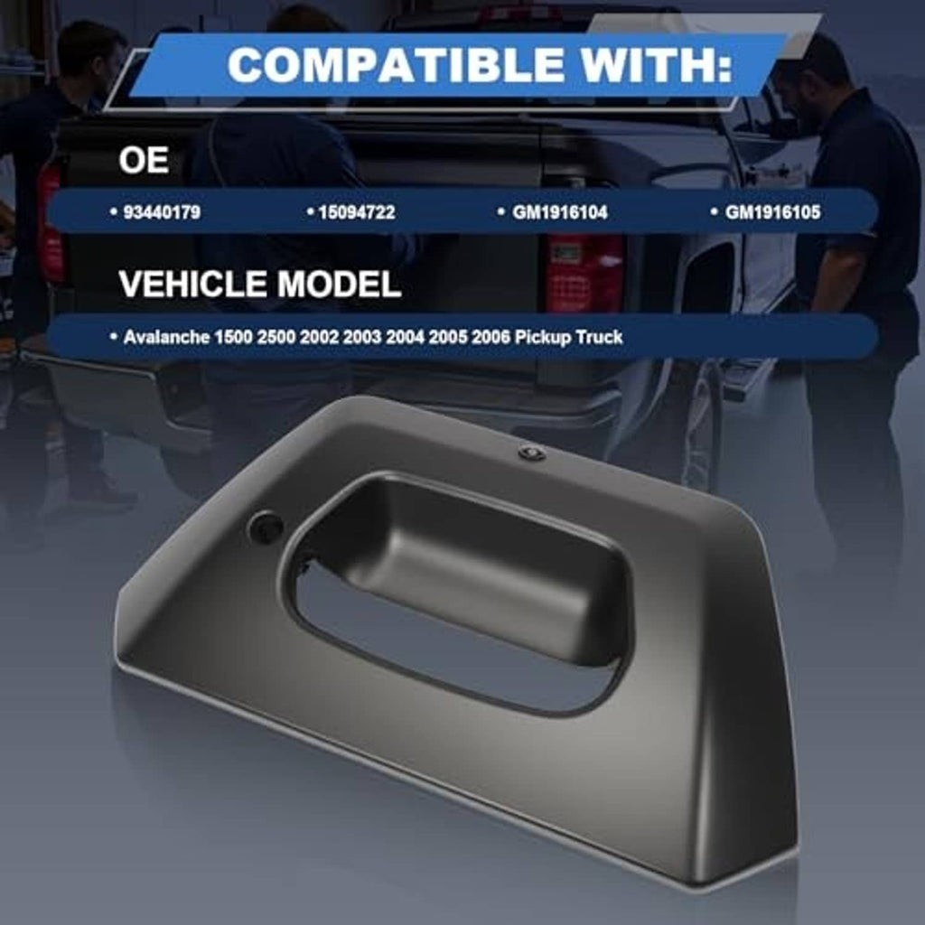 Matte black tailgate handle bezel trim with backup camera, replacement part shown