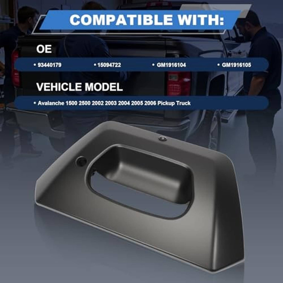 Matte black tailgate handle bezel trim with backup camera, replacement part shown
