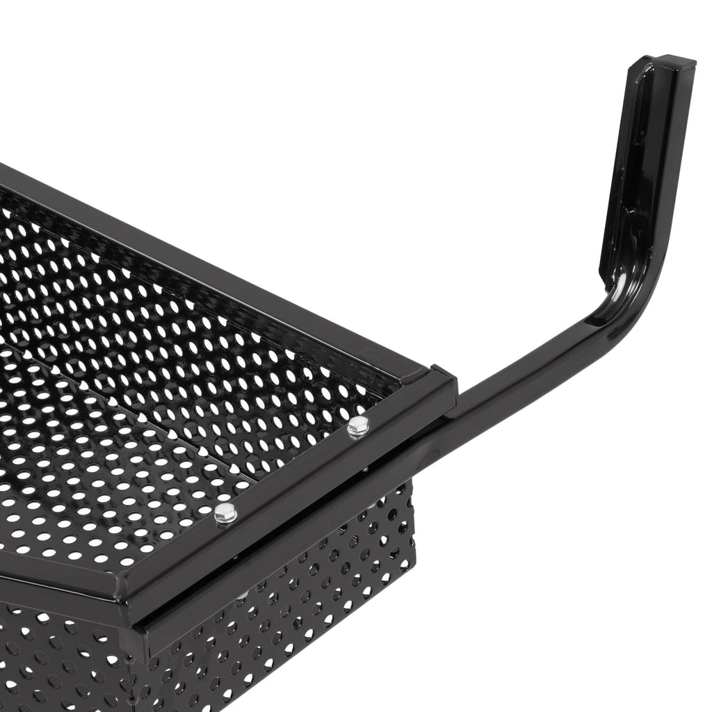 Close-up of black mounting bracket with bolts on perforated cargo basket side