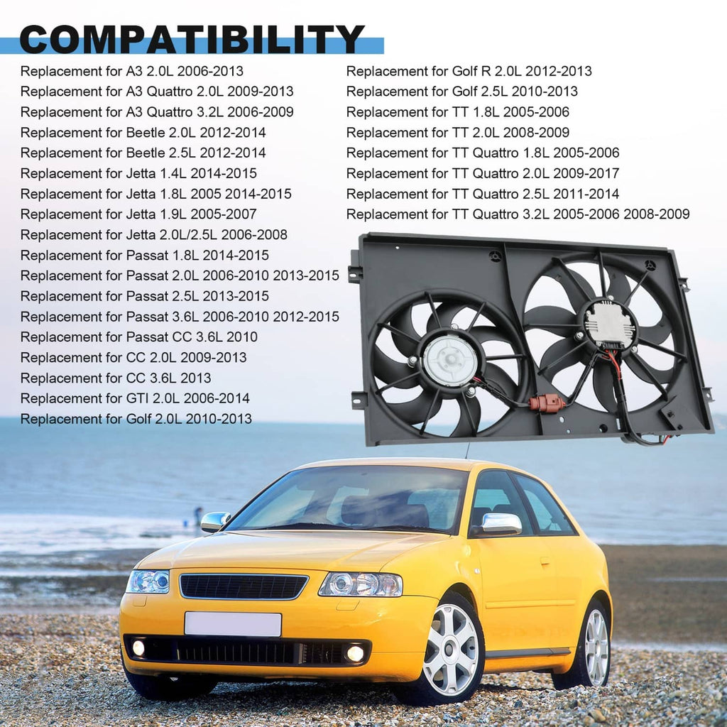 Dual radiator condenser fan unit with two fan motors and black mounting bracket