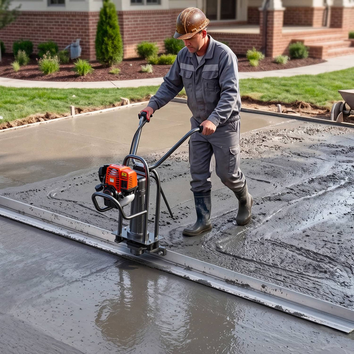 Gas-powered concrete screed machine operated by worker on a concrete worksite