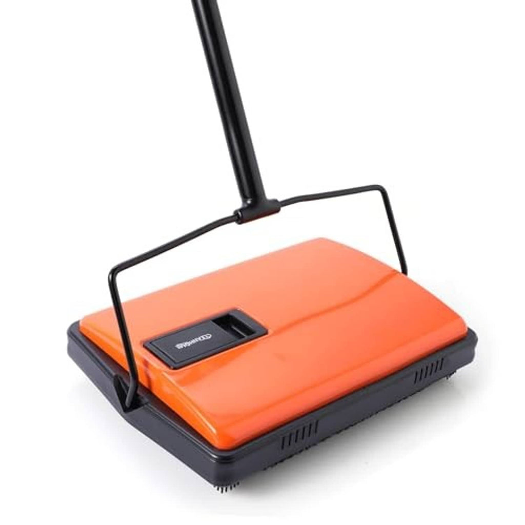 Orange manual floor sweeper with rotating brush bar and upright handle