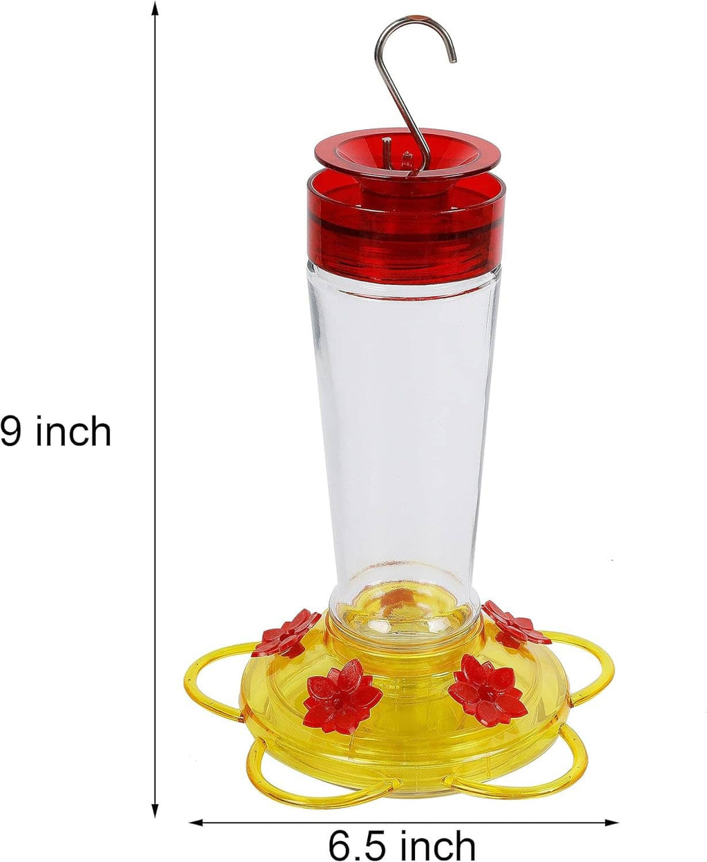 Red and yellow hanging hummingbird feeder with clear glass bottle and 5 feeding ports