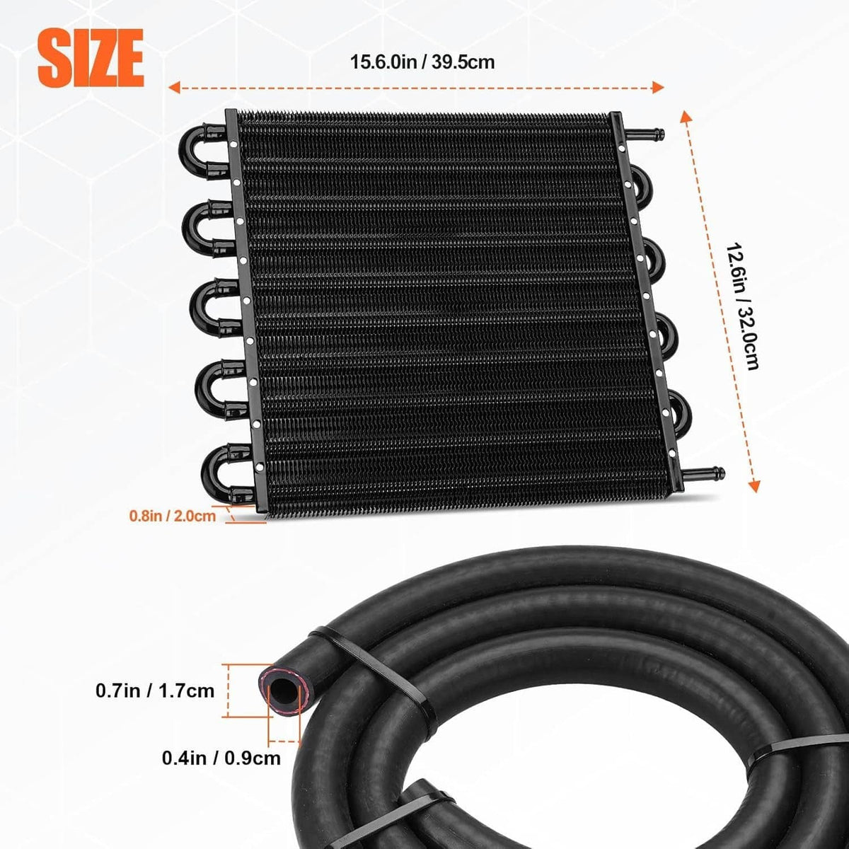 Universal transmission oil cooler radiator with black fin core and coiled hose