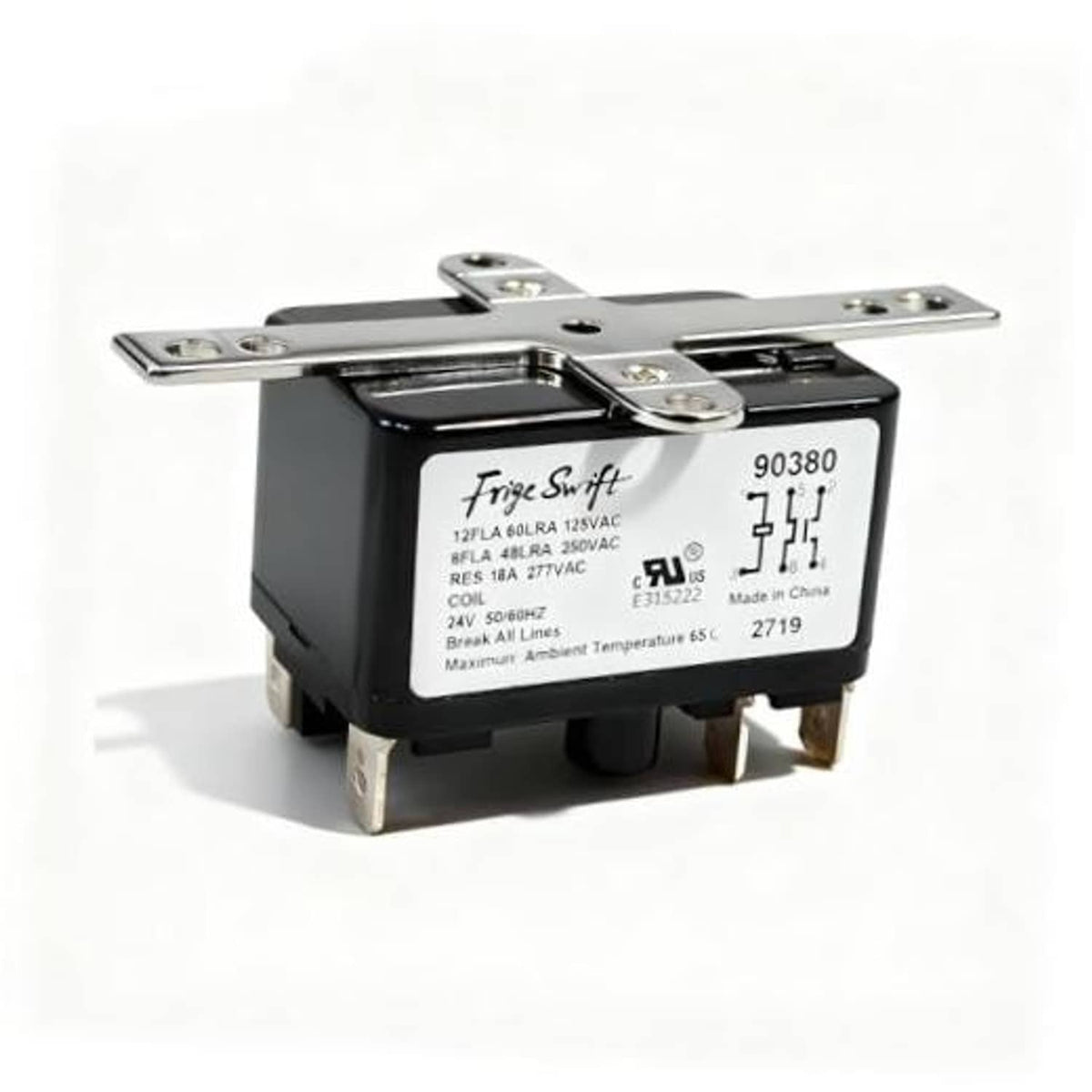 Black heavy-duty fan relay switch with metal mounting bracket and contact terminals
