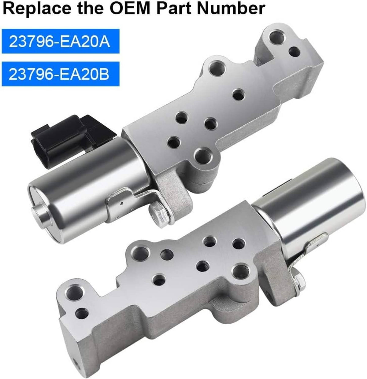 Left and right variable timing solenoids with silver housings and black electrical connectors