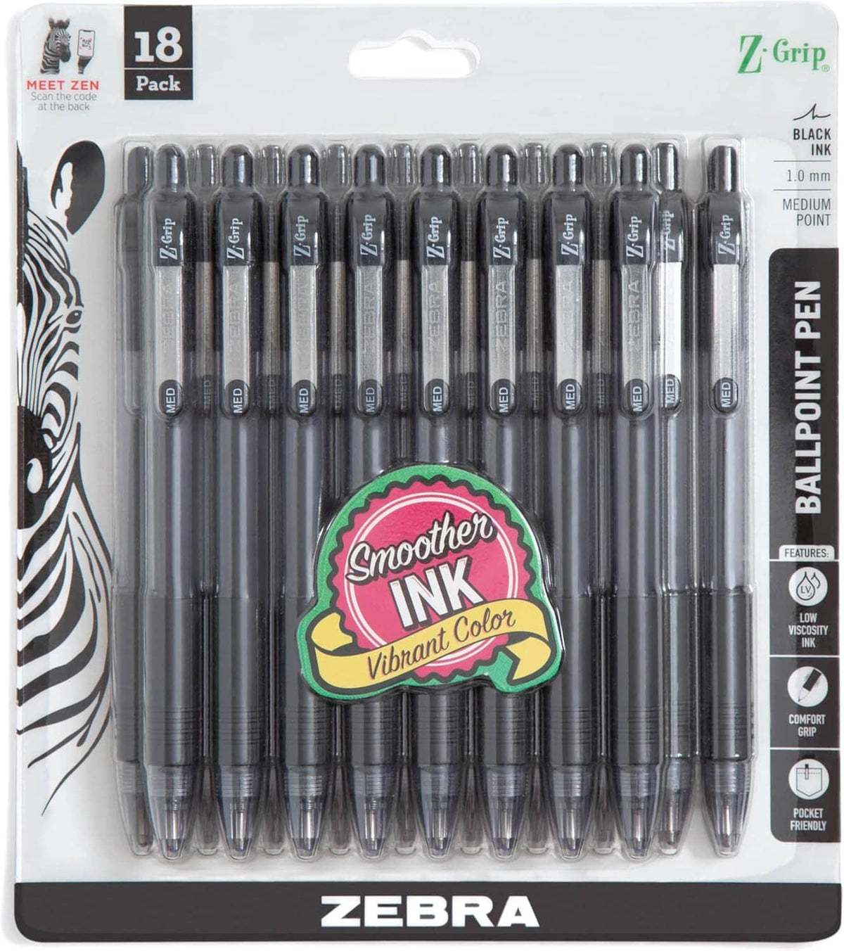 18-pack retractable ballpoint pens with black ink, Zebra Z-Grip, 1.0 mm, blister pack