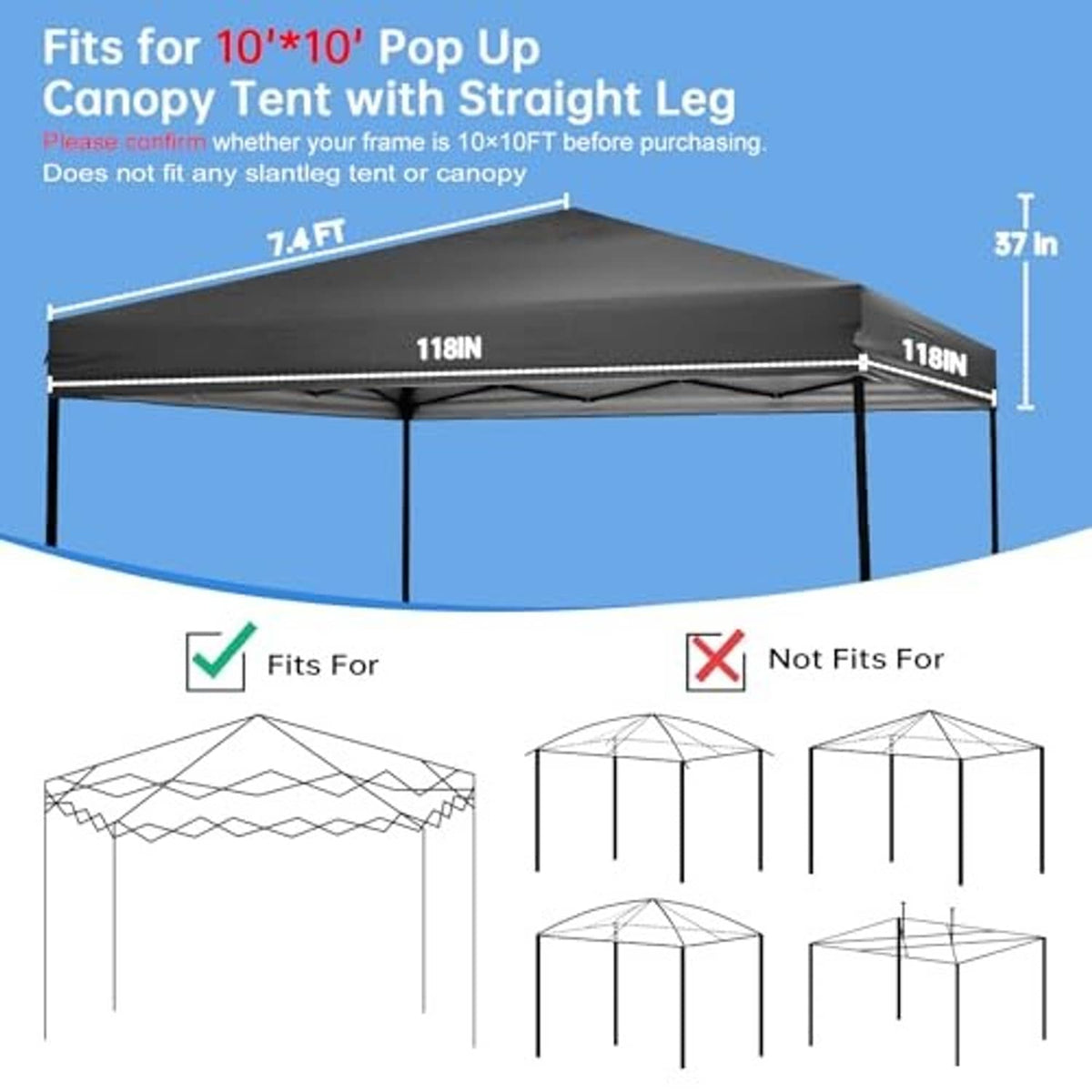 Black 10x10 pop up canopy top replacement cover, fit diagram with dimensions