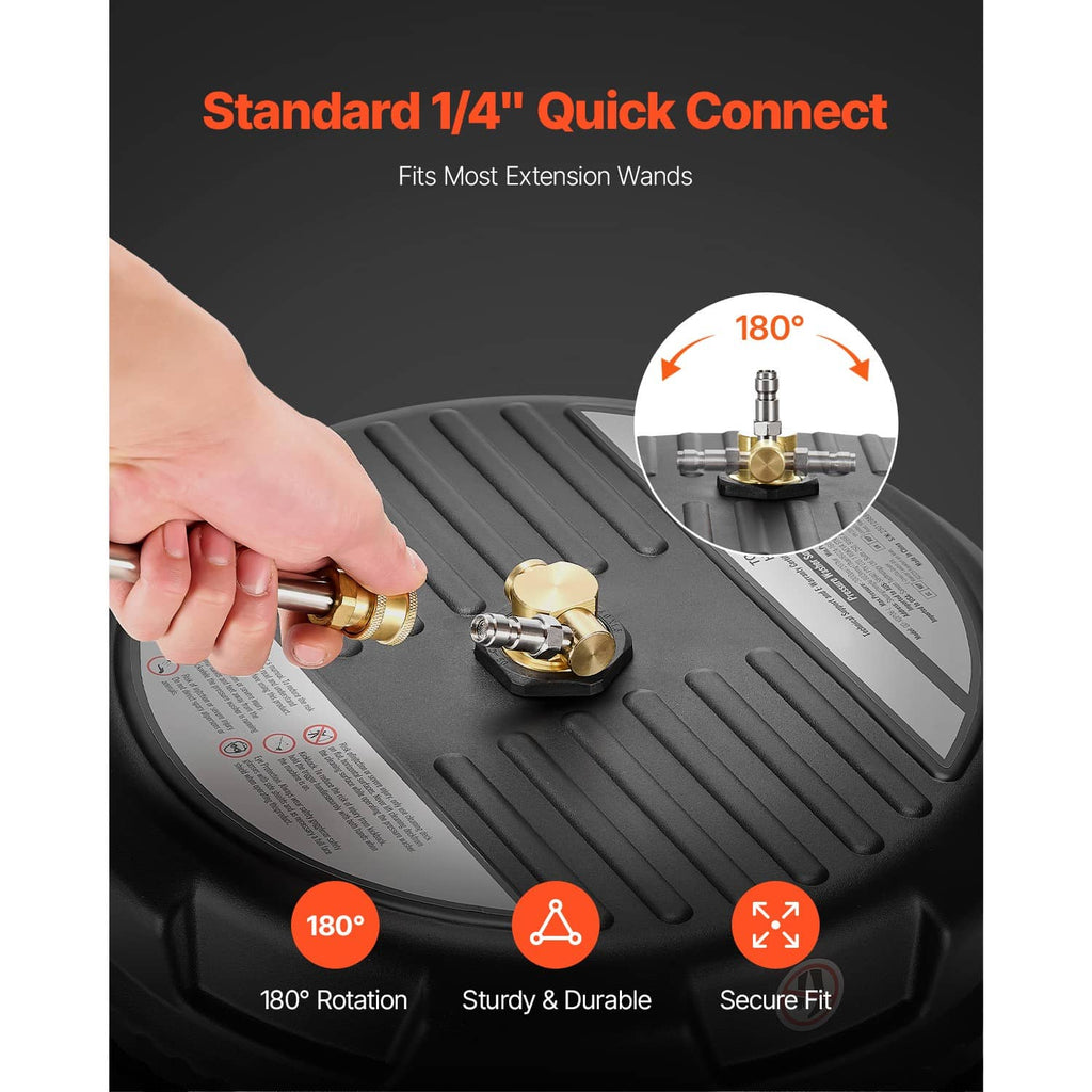 Black surface cleaner head with brass 1/4 quick-connect fitting and 180° rotation