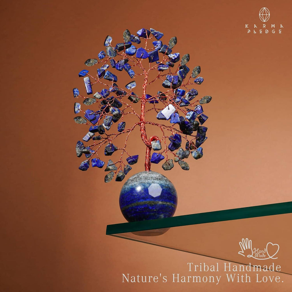 Blue lapis lazuli Tree of Life decor with copper wire branches and spherical stone base