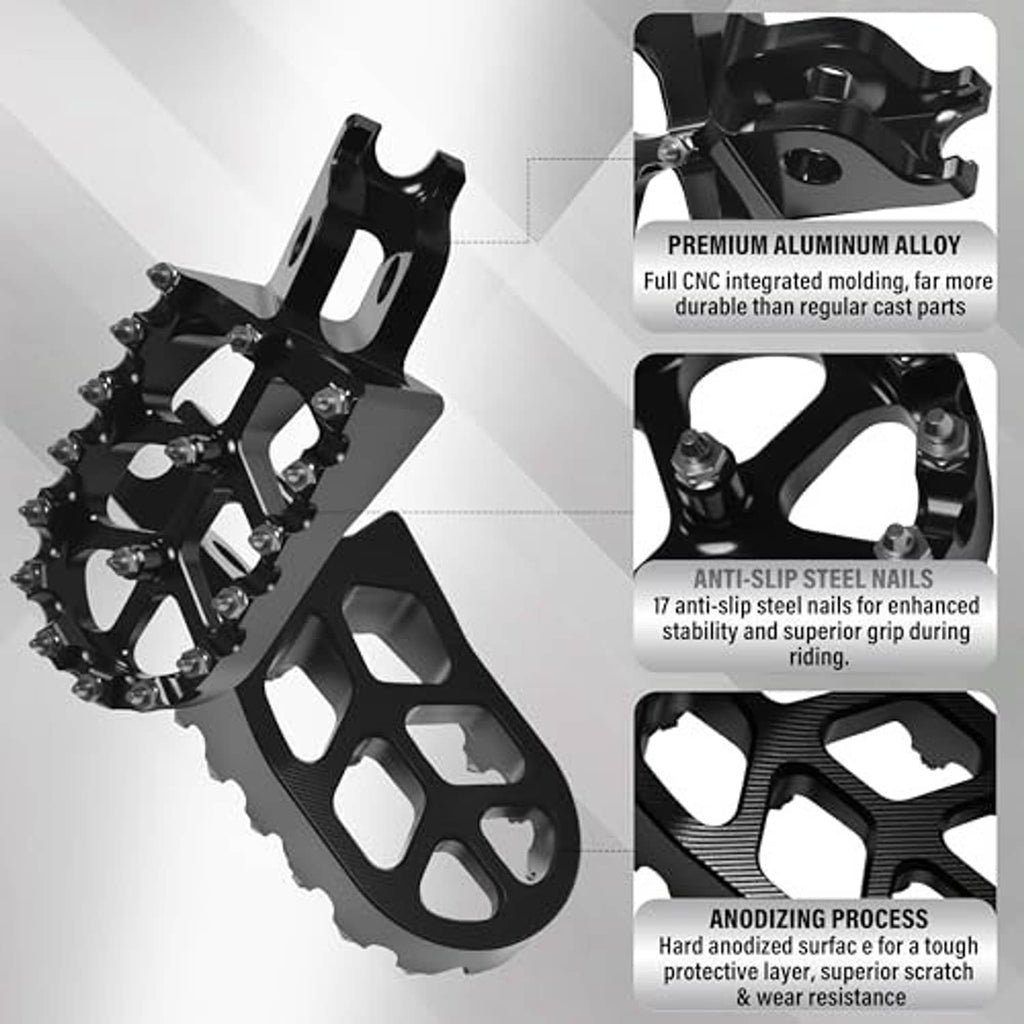 Black wide dirt bike foot pegs with anti-slip steel studs and mounting hardware