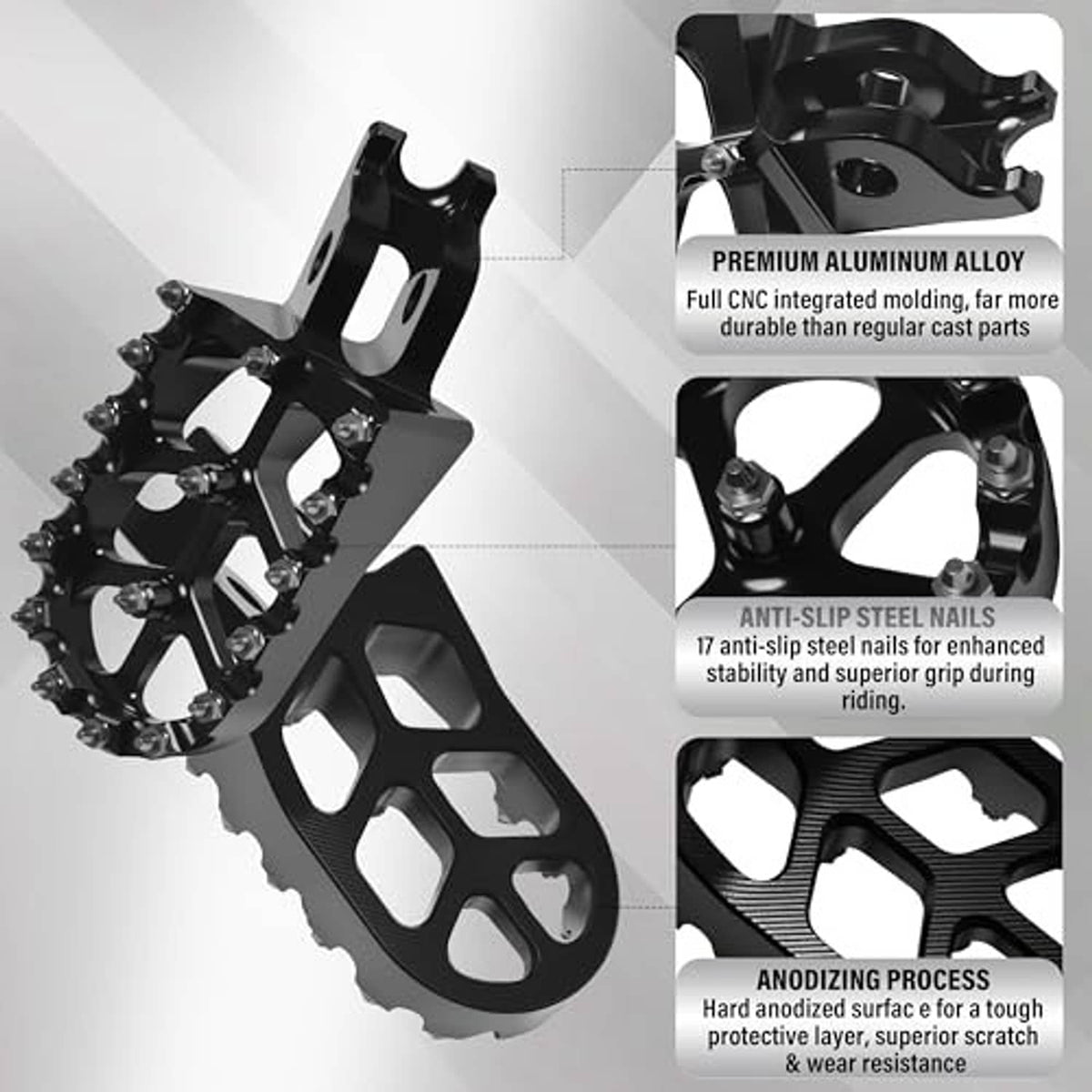 Black wide dirt bike foot pegs with anti-slip steel studs and mounting hardware