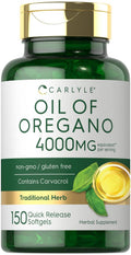 Oil of oregano supplement bottle close-up with gold cap and “150 Quick Release Softgels”