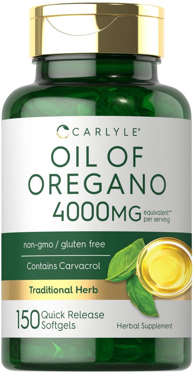 Oil of oregano supplement bottle close-up with gold cap and “150 Quick Release Softgels”