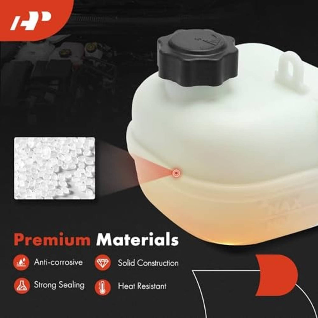 White coolant overflow recovery reservoir tank with black cap, close-up view