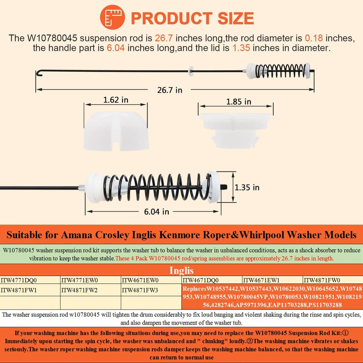 Washer suspension rod kit size diagram with rod and lid measurements