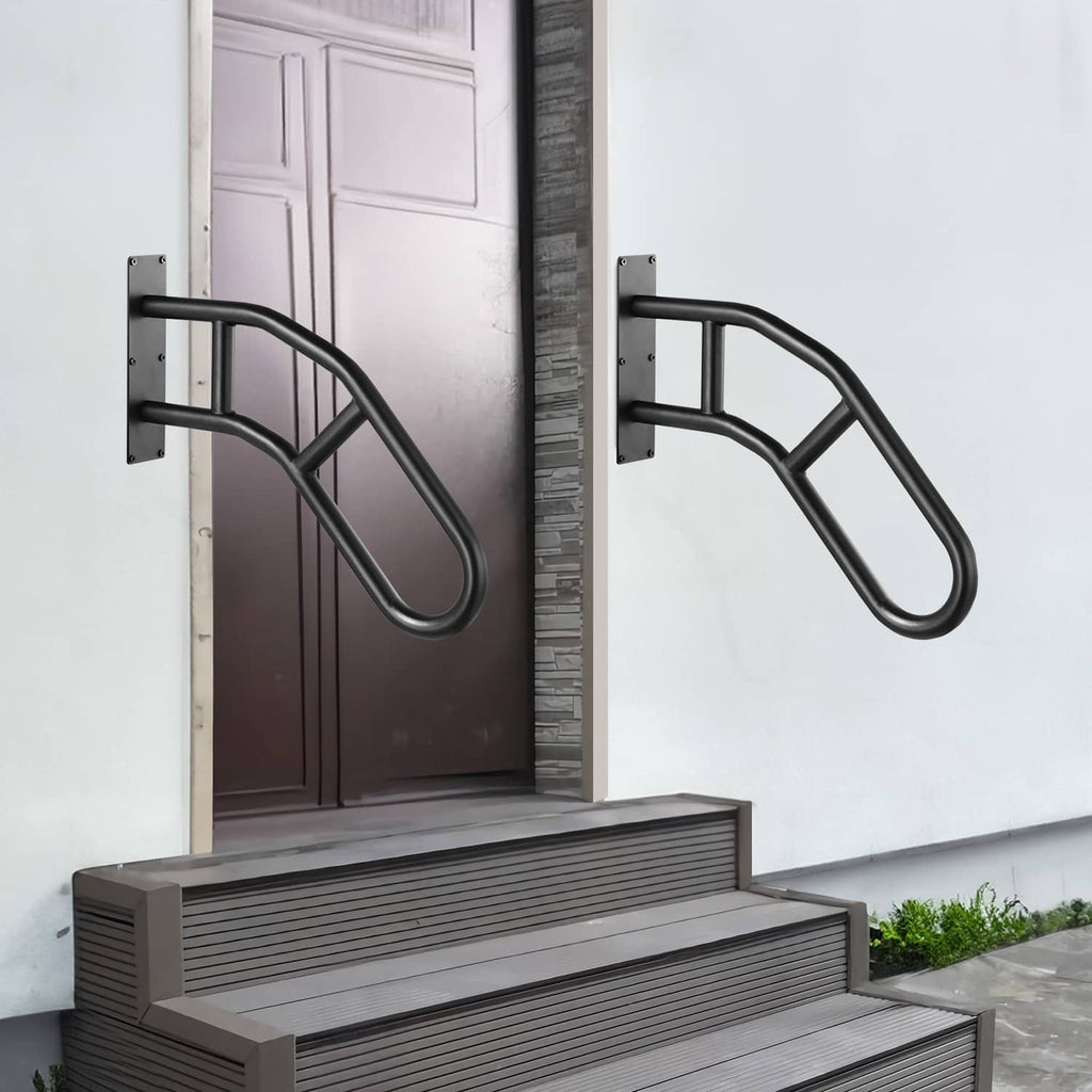 Matte black dual wall grab rails installed beside steps, with non-slip grips